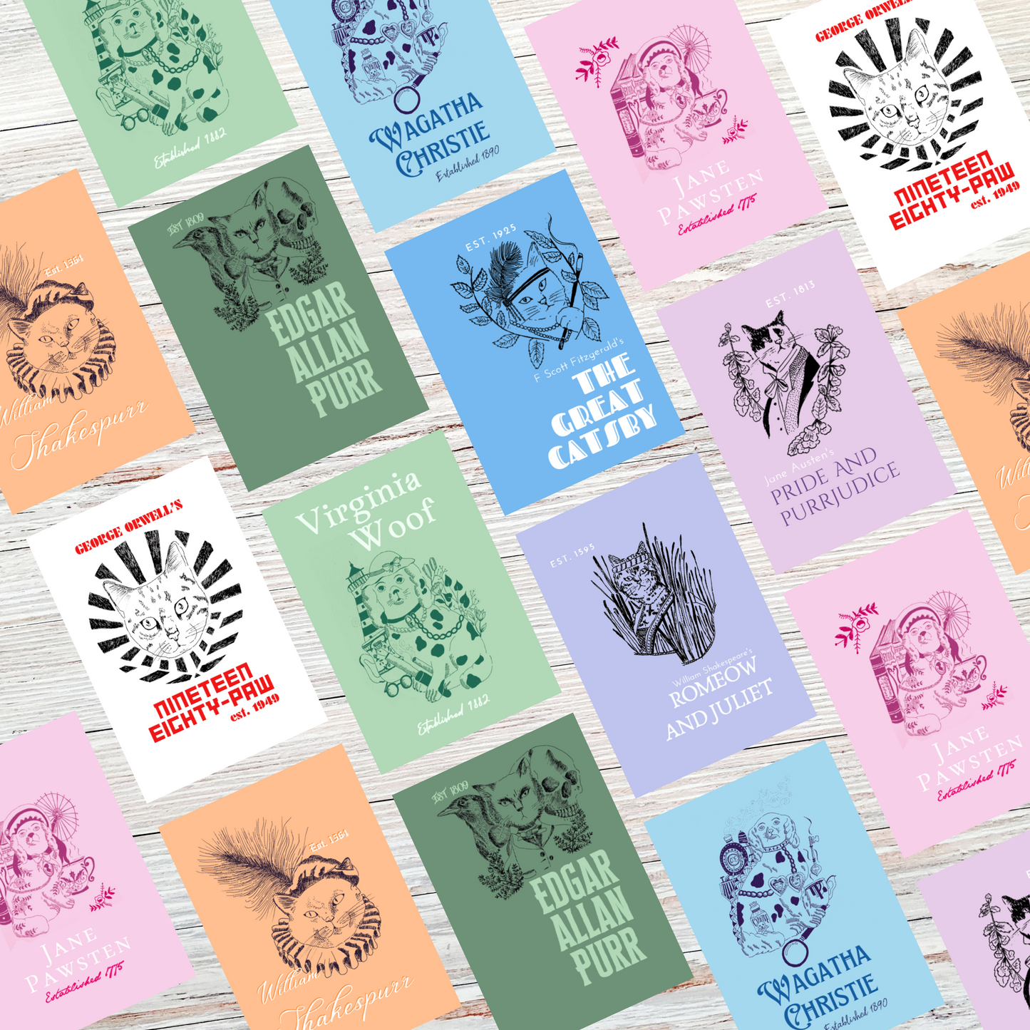 Literary Pun Cat and Dog Notecards - Set of 9