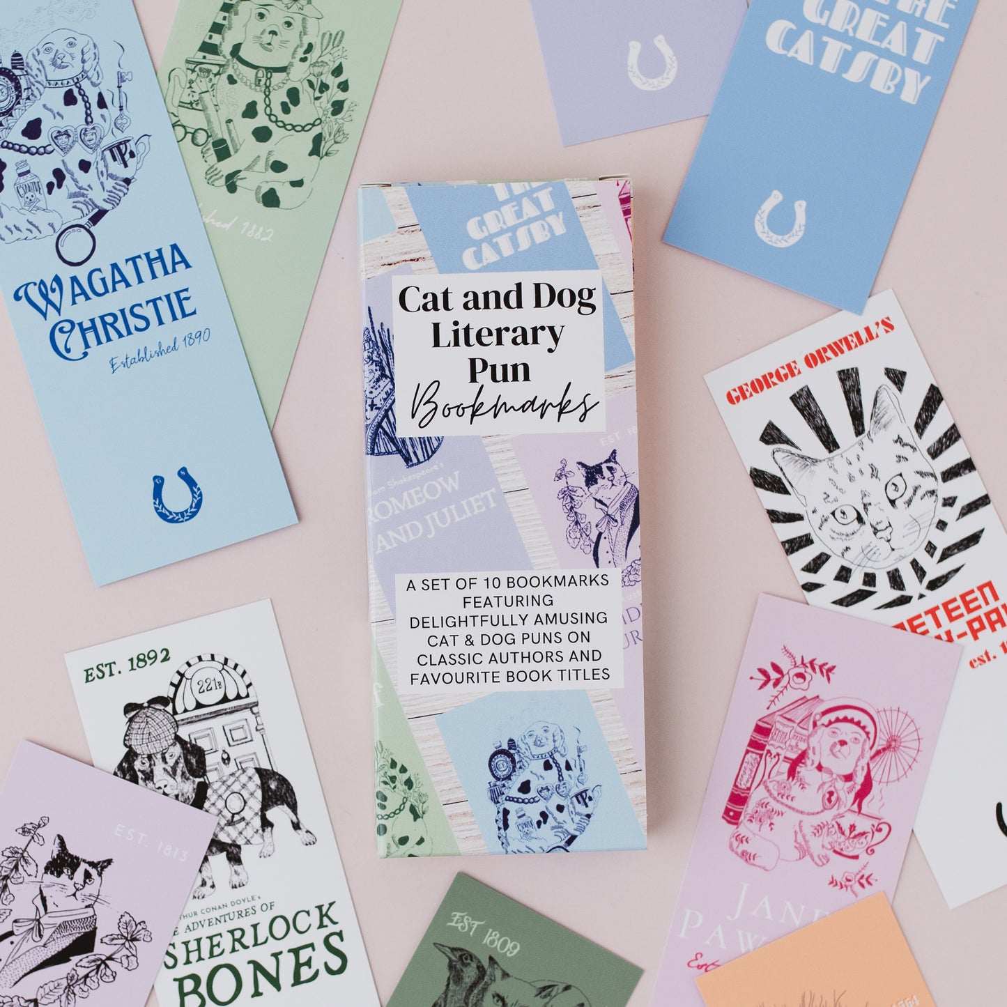 Literary Pun Cat and Dog Bookmarks - Set of 10
