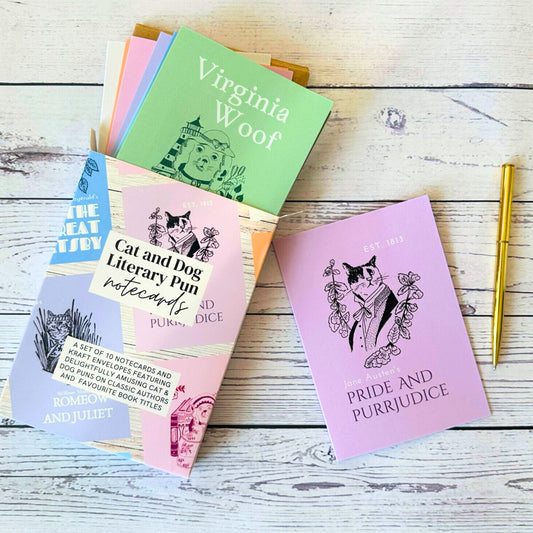 Literary Pun Cat and Dog Notecards - Set of 9