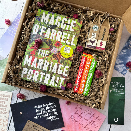 The Marriage Portrait by maggie O Farrell in a gift box with flowers and chocolate