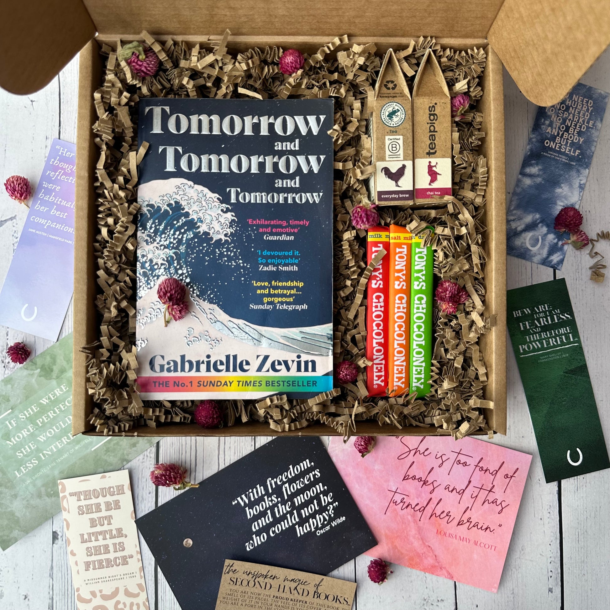 Book gift set with 'Tomorrow, Tomorrow, and Tomorrow' by Gabrielle Zevin and other books in a decorative box.