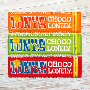 The Tony's Chocolonely Trio: Dark Chocolate and Almond, Milk Chocolate and Salted Caramel