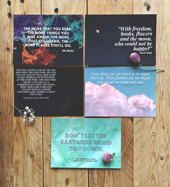 Kerouac, Atwood, Dr Seuss, Wilde, King | Literary Quote Postcards | Set of 5