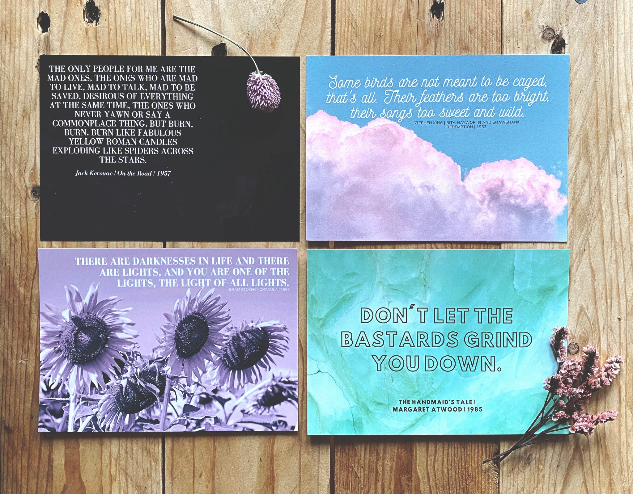 Stoker, Kerouac, King, Atwood | Literary Quote Postcards | Set of 4